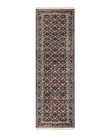 Indo Persian Runner Rug 2.7 x 8, Wool Hand Knotted Vintage Carpet, Red Black, Herati Allover Pattern, Oriental Runner, Rug for Hallway