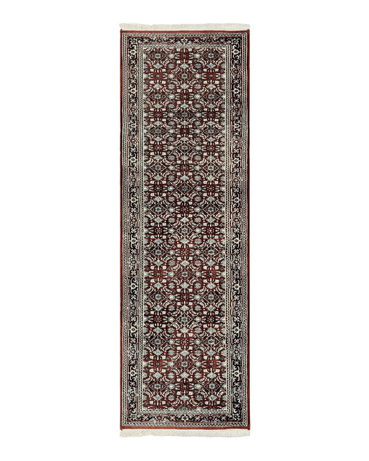 Indo Persian Runner Rug 2.7 x 8, Wool Hand Knotted Vintage Carpet, Red Black, Herati Allover Pattern, Oriental Runner, Rug for Hallway