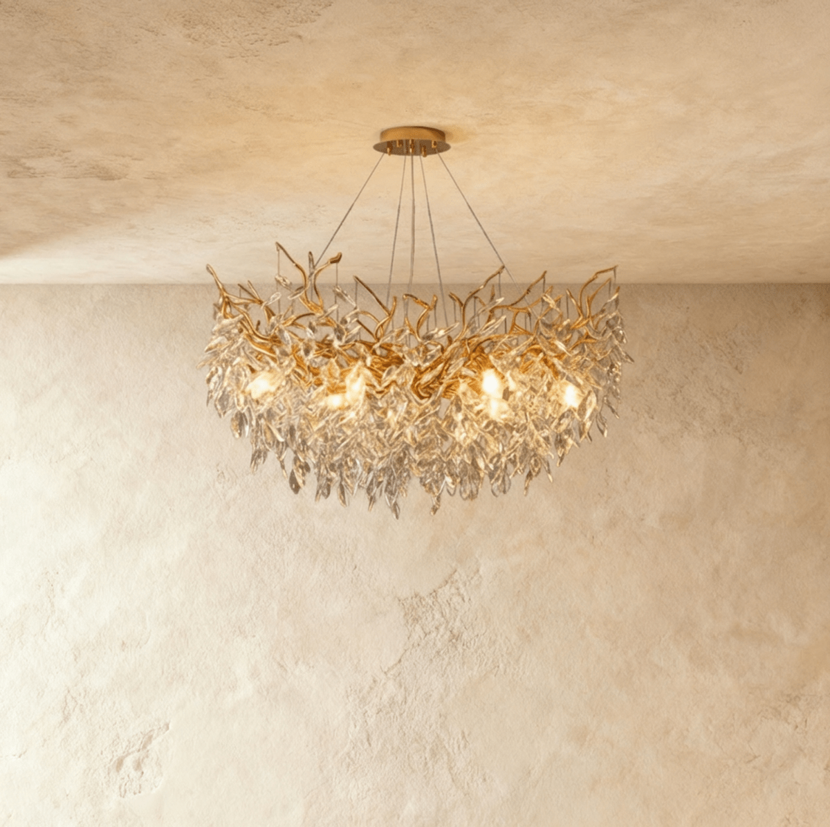 Elegant Lamean Crystal Chandelier with shimmering crystal strands and intricate metal frame, designed for luxurious home lighting.