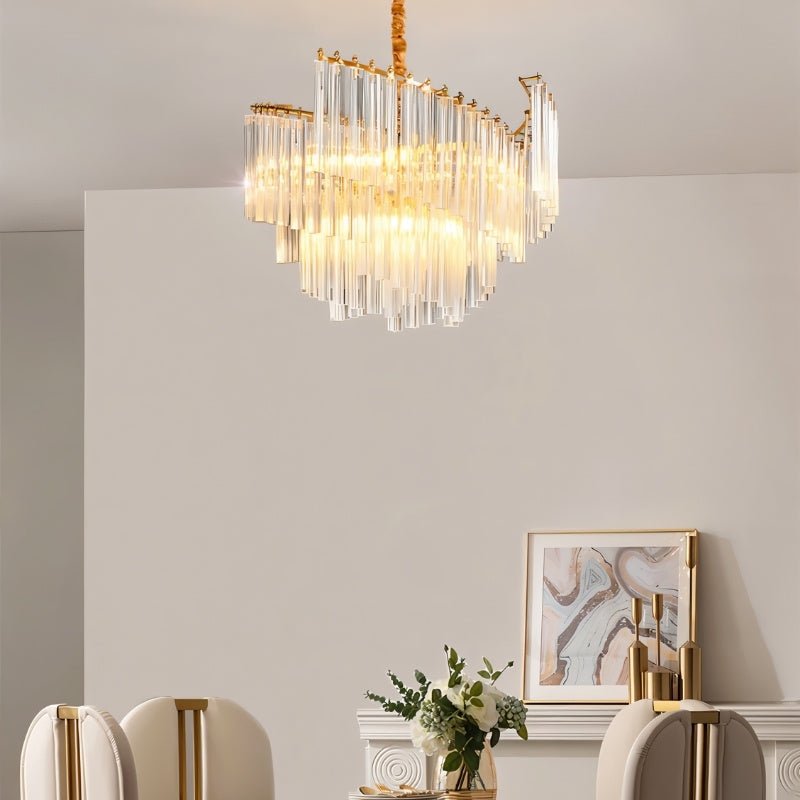 Elegant Livok Crystal Rod Chandelier by Residence Supply, featuring multiple crystal rods hanging in a modern dining room interior.