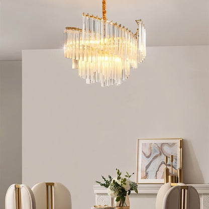 Elegant Livok Crystal Rod Chandelier by Residence Supply, featuring multiple crystal rods hanging in a modern dining room interior.