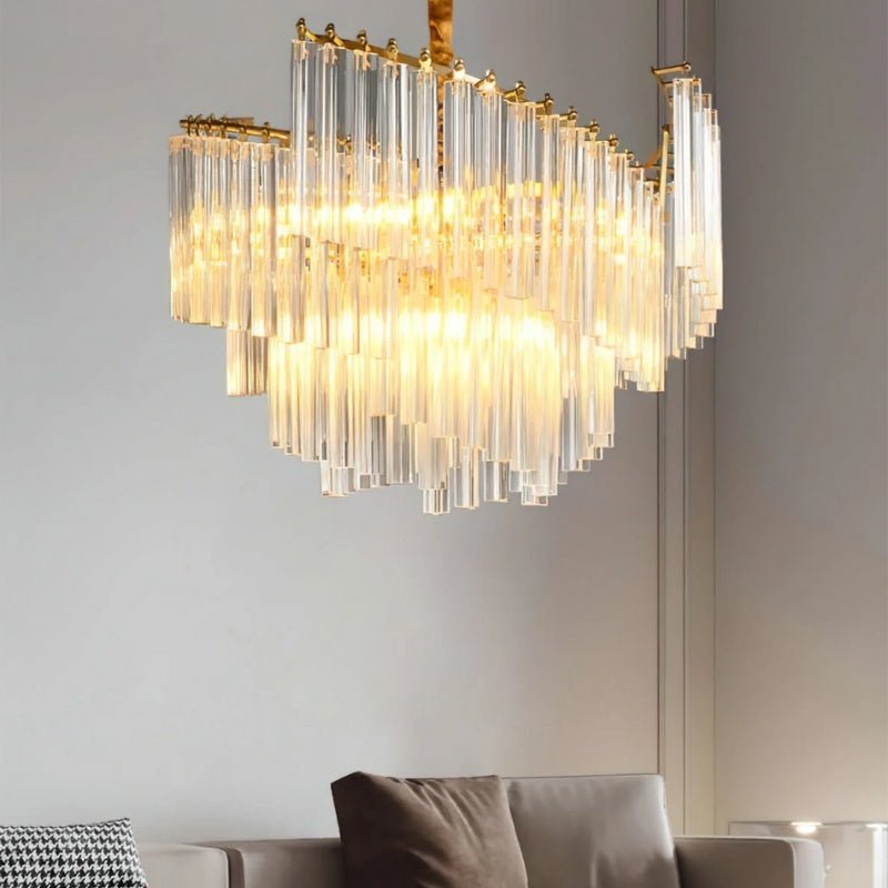 Livok tiered crystal rod chandelier by Residence Supply, showcasing elegant, luxurious lighting with hanging crystal details.