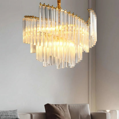 Livok tiered crystal rod chandelier by Residence Supply, showcasing elegant, luxurious lighting with hanging crystal details.