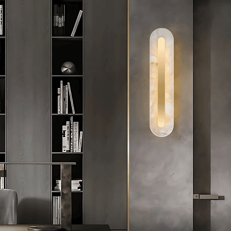 Modern Lofos Wall Lamp by Residence Supply featuring alabaster glass and brass finish for stylish interior lighting.