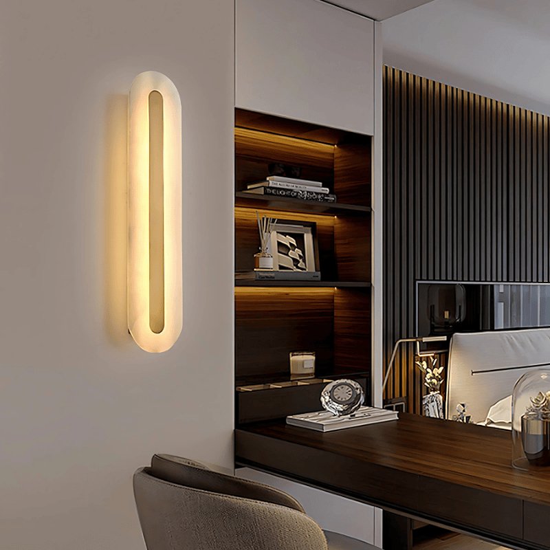 Modern Lofos Wall Lamp by Residence Supply illuminating a stylish interior with sleek design and warm lighting.