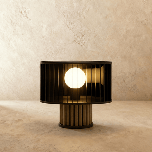 Luceo Table Lamp by Residence Supply with a sleek modern design, featuring a cylindrical base and a fabric lampshade.