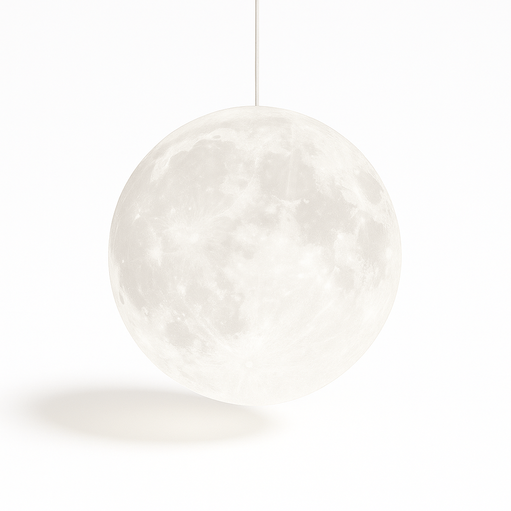 Lunar Pendant Light by Residence Supply hanging from ceiling with a sleek, modern design and spherical shape in neutral finish.