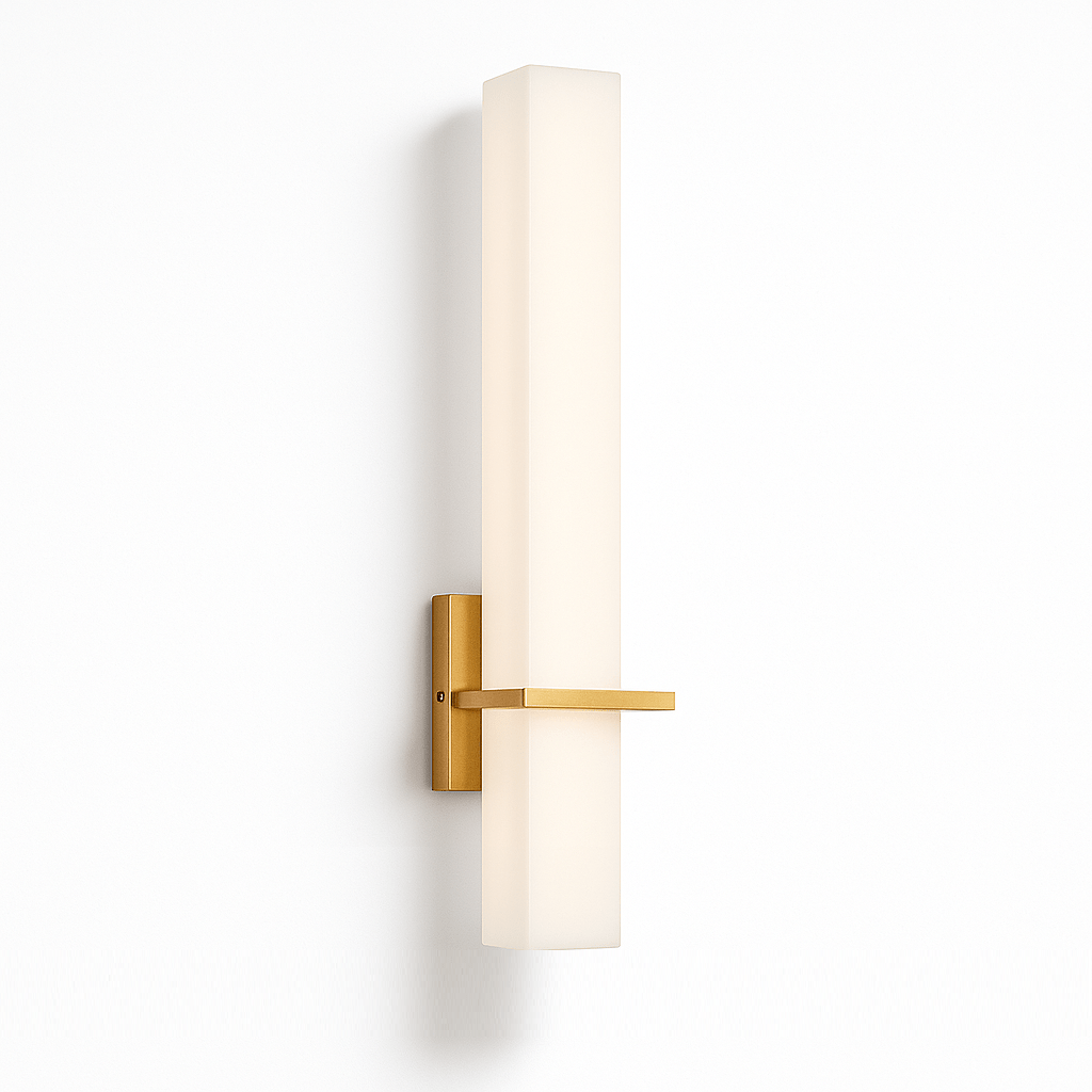 Modern Lunara Wall Lamp by Residence Supply mounted on a wall with a sleek design and warm lighting.