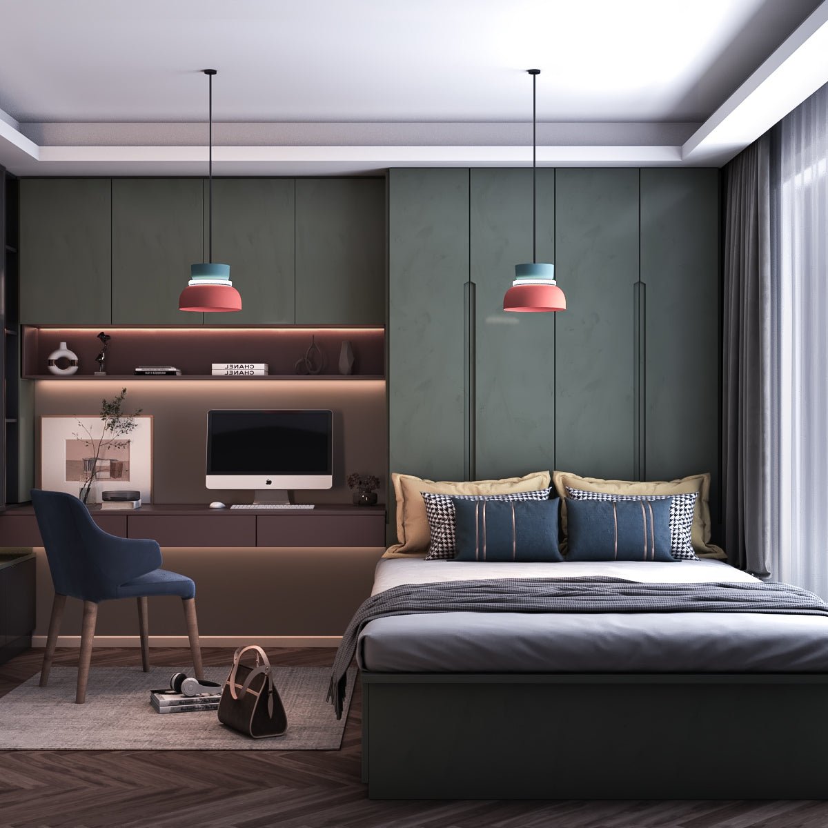 Residence Supply macaron pendant light with pastel-colored, rounded ceramic shade hanging from a ceiling mount.