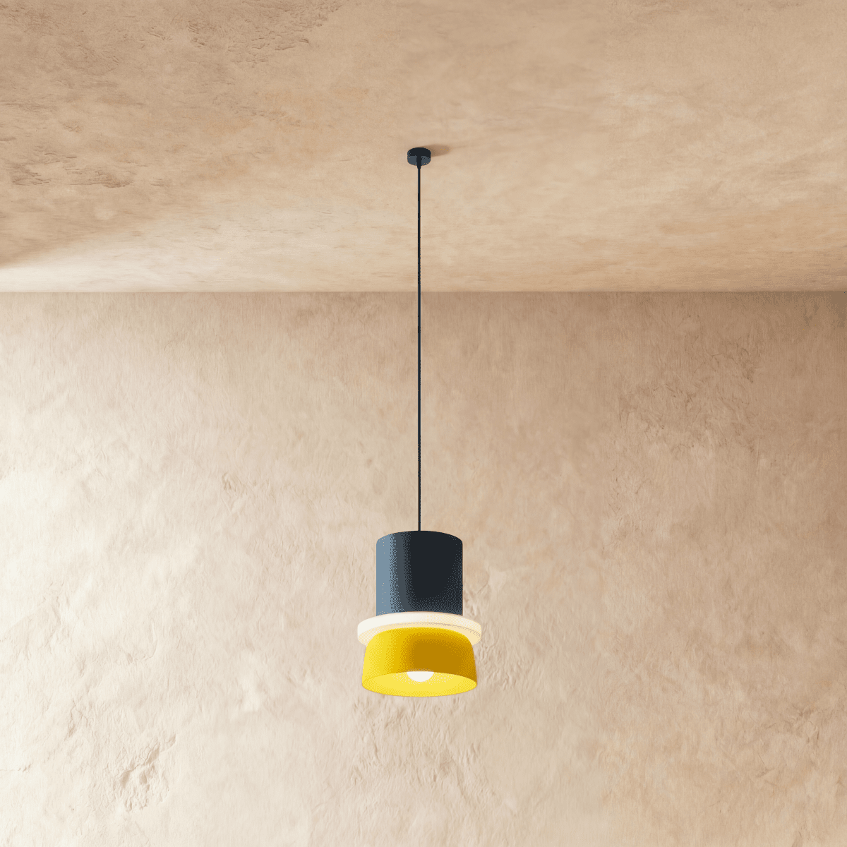 Residence Supply macaron pendant light with pastel-colored, rounded ceramic shade hanging from a modern ceiling fixture.