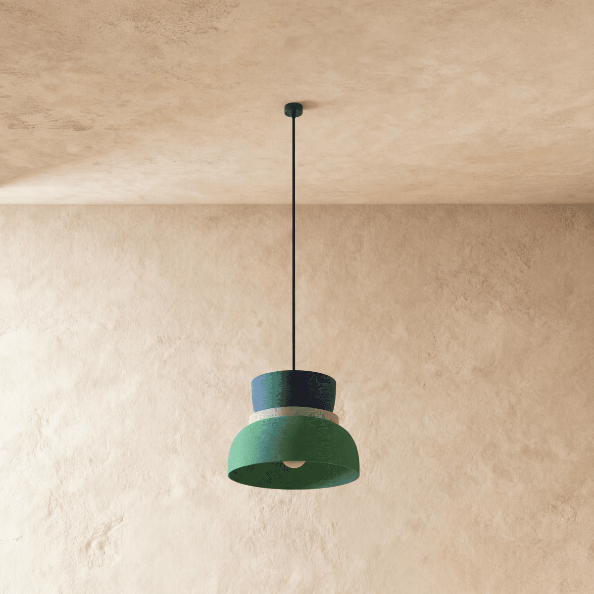 Residence Supply macaron pendant light with pastel-colored, rounded ceramic shade hanging from a modern ceiling fixture.