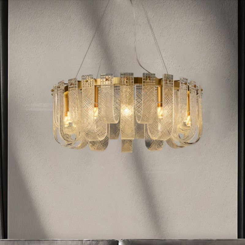 Elegant Mudil Round Chandelier by Residence Supply with multiple hanging light bulbs and a modern, circular design.