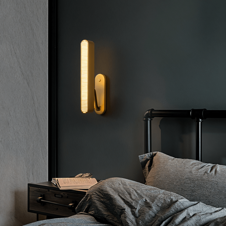 Modern Munira Wall Lamp by Residence Supply with sleek design and adjustable arm mounted on a wall for ambient lighting.