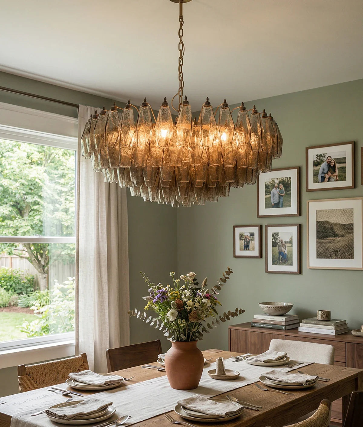 Korewolamp Murano faceted smoked glass chandelier hanging with multiple glass facets and a modern, elegant design.