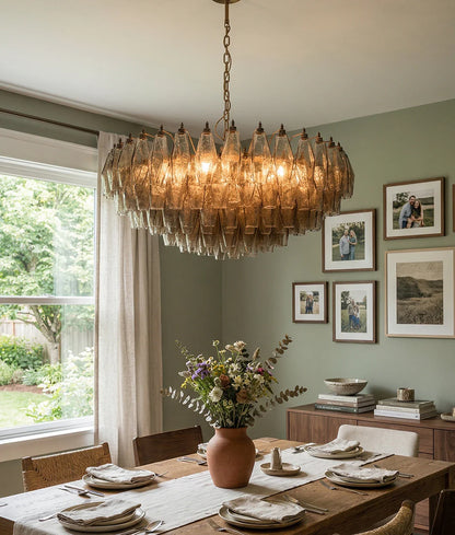 Korewolamp Murano faceted smoked glass chandelier hanging with multiple glass facets and a modern, elegant design.
