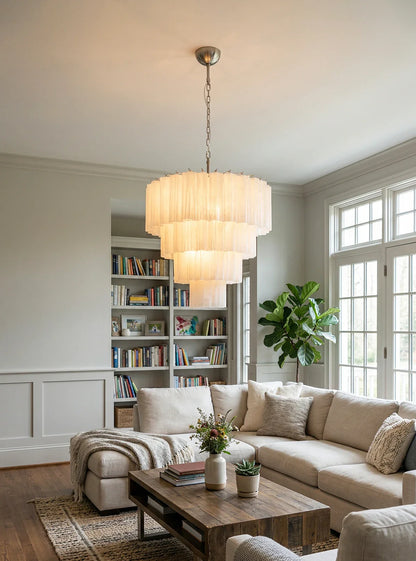 Murano white glass tubes chandelier by Korewolamp hanging with multiple glass tubes and light bulbs inside a modern interior.