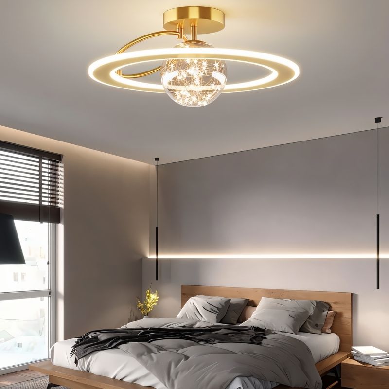 Naxlyn ceiling light fixture from Residence Supply, mounted on bedroom ceiling with a modern design and warm lighting.