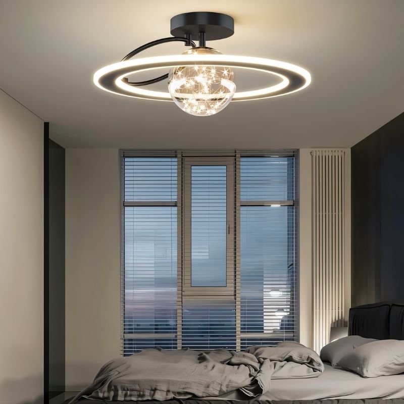 Black Naxlyn Ceiling Light from Residence Supply installed in a bedroom with modern decor.