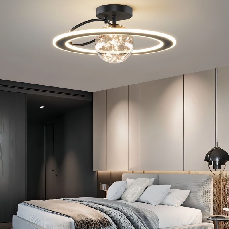 Black Naxlyn ceiling light fixture in a bedroom setting, featuring modern design and sleek metal finish for stylish lighting.