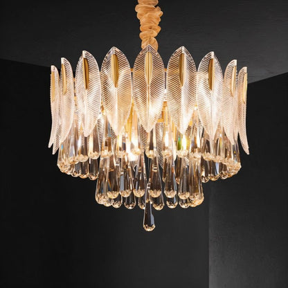 Nehova Round Crystal Chandelier with multiple hanging crystals and a sleek metal frame, elegant lighting fixture for luxury interiors.