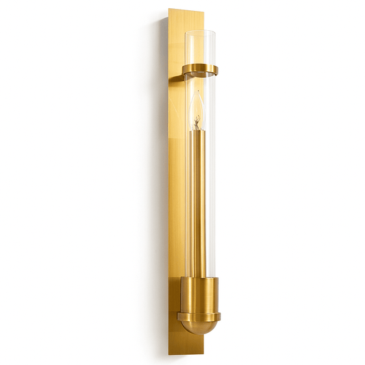 Nexovia wall lamp by Residence Supply, modern design with sleek metal finish and illuminated light bulb, wall-mounted decor.