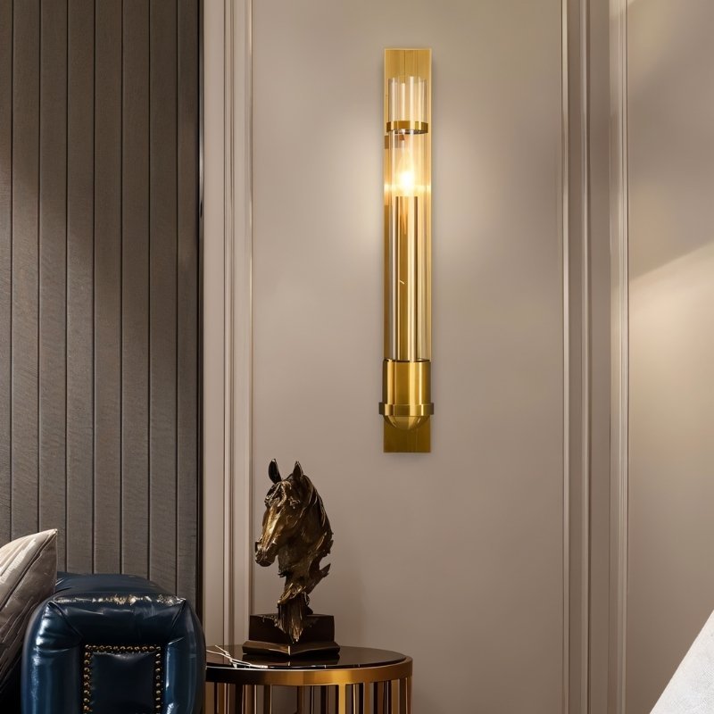Modern brass and glass Nexovia Wall Lamp by Residence Supply, showcasing sleek design for hallway or living space lighting.