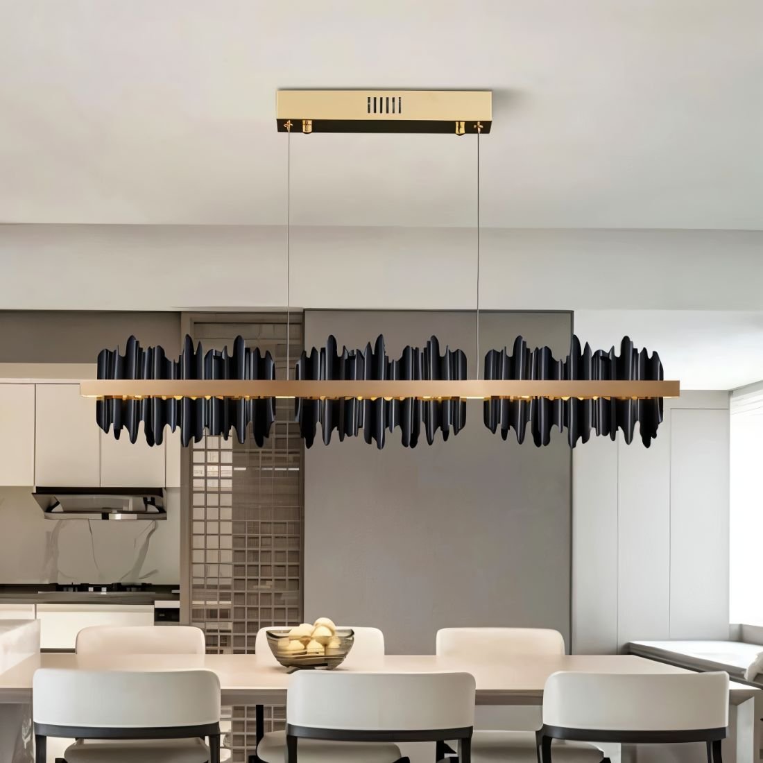 Ninda Linear Chandelier by Residence Supply featuring sleek metal frame and multiple light bulbs for modern interior lighting.