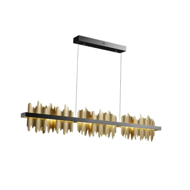 Modern Ninda Linear Chandelier by Residence Supply with sleek metal frame and multiple hanging light bulbs.