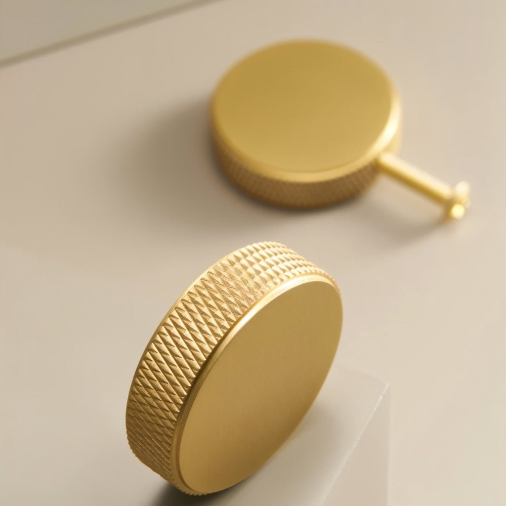 Close-up of Residence Supply Noah Knob, a cylindrical knurled cabinet hardware knob for home and garden furniture.