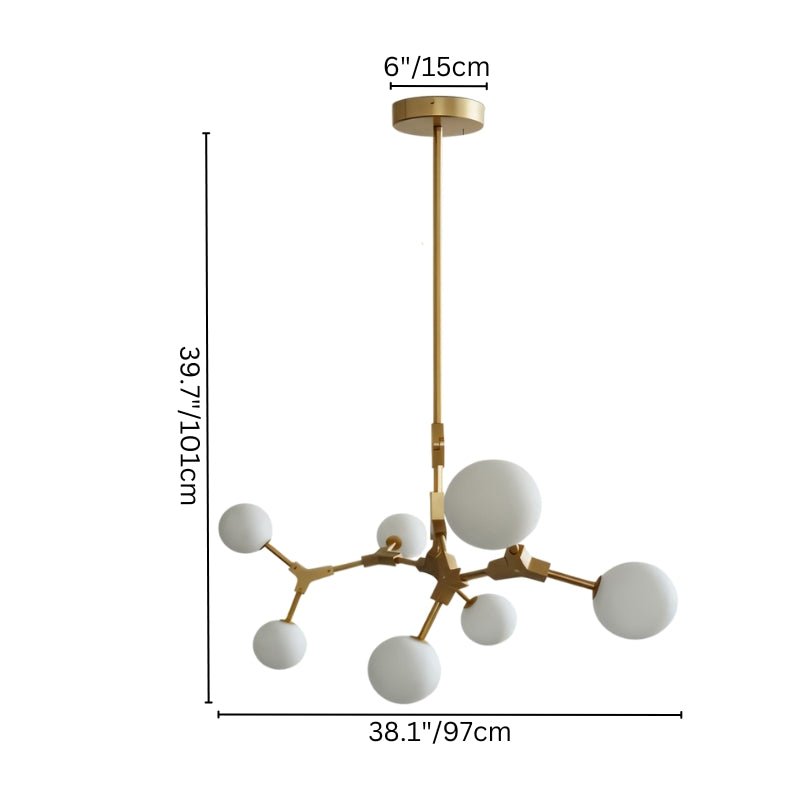 Noxira chandelier by Residence Supply featuring a modern design with multiple hanging glass orbs and a sleek metal frame.