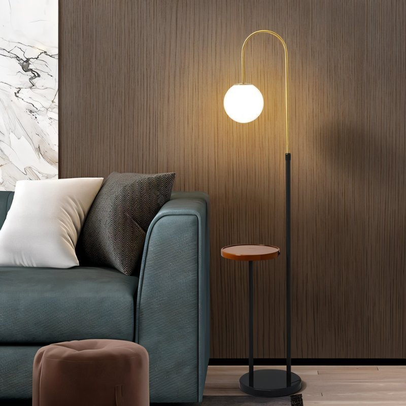 Okul Floor Lamp with smart side table by Residence Supply, featuring modern design and integrated table surface for living room use.