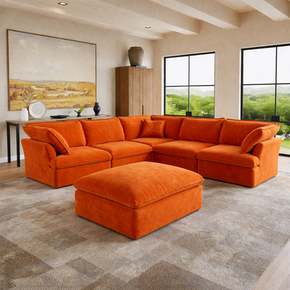 Sabi Modular Boucle Cloud Sofa - Orange - 5-Seater Sectional Sofa with Ottoman - Nuvé