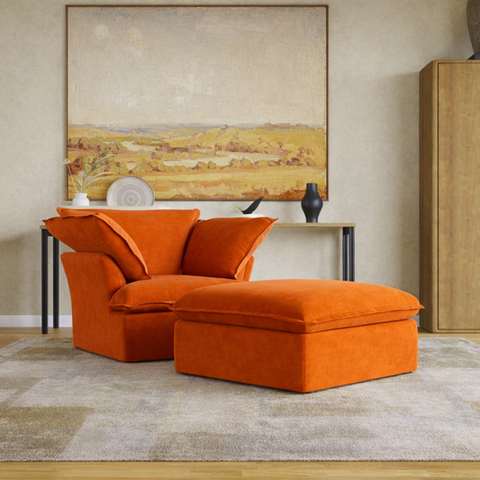 Sabi Modular Boucle Cloud Sofa- Orange - Single Seater Sofa with Ottoman - Nuvé