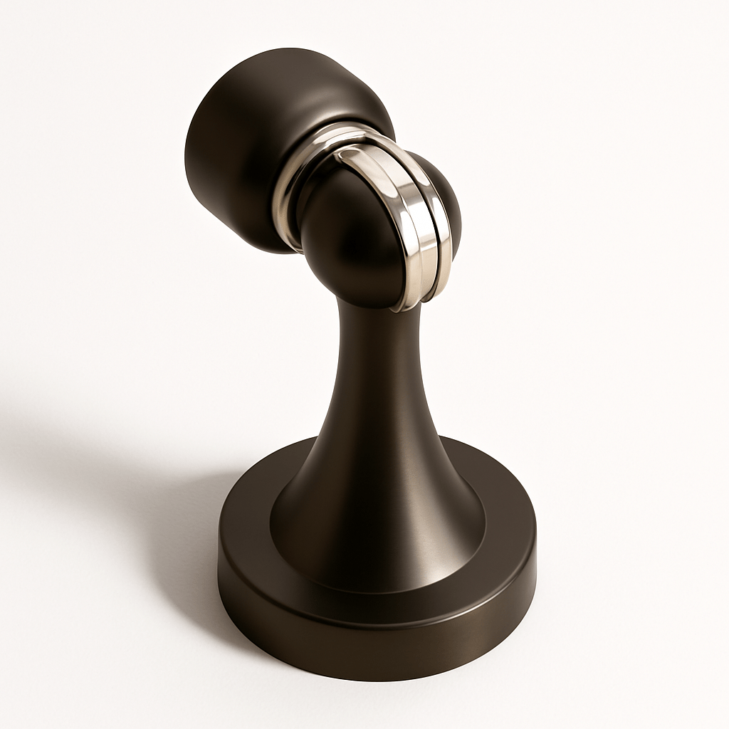 Residence Supply Osta door stop in black, mounted on a wall to prevent door from opening too far, in a home setting.