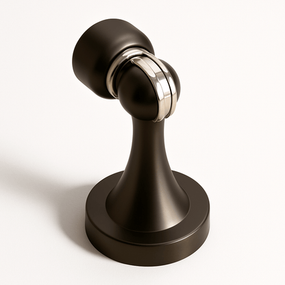 Residence Supply Osta door stop in black, mounted on a wall to prevent door from opening too far, in a home setting.