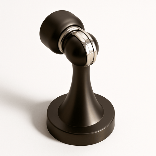 Residence Supply Osta door stop in black, mounted on a wall to prevent door from opening too far, in a home setting.