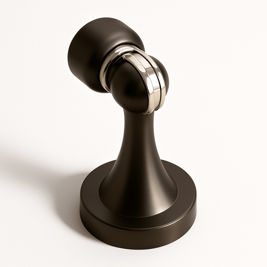 Residence Supply Osta door stop in black, mounted on a wall to prevent door from opening too far, in a home setting.