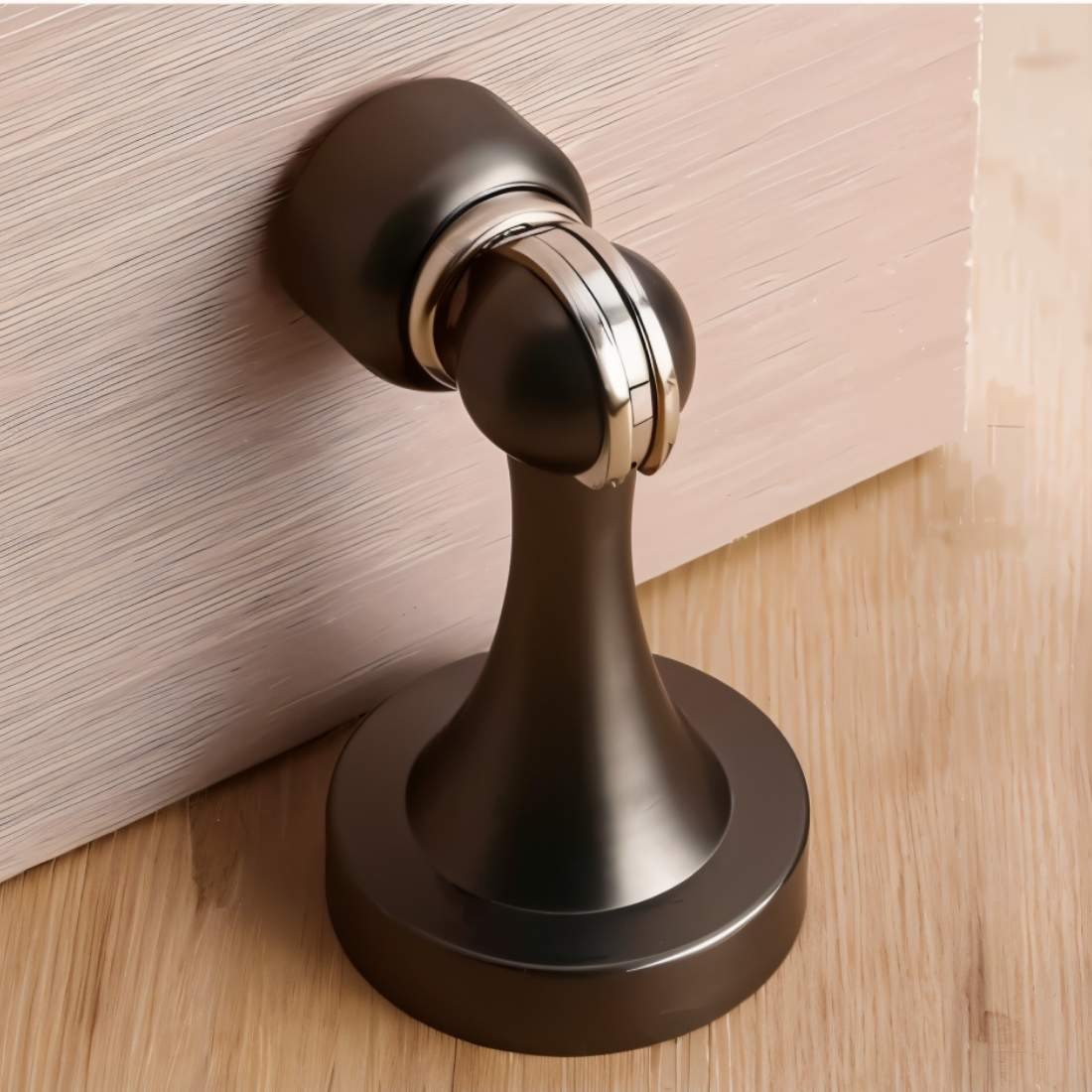 Residence Supply Osta Door Stop mounted on a wall, made of durable metal, designed to prevent door damage and keep doors open.
