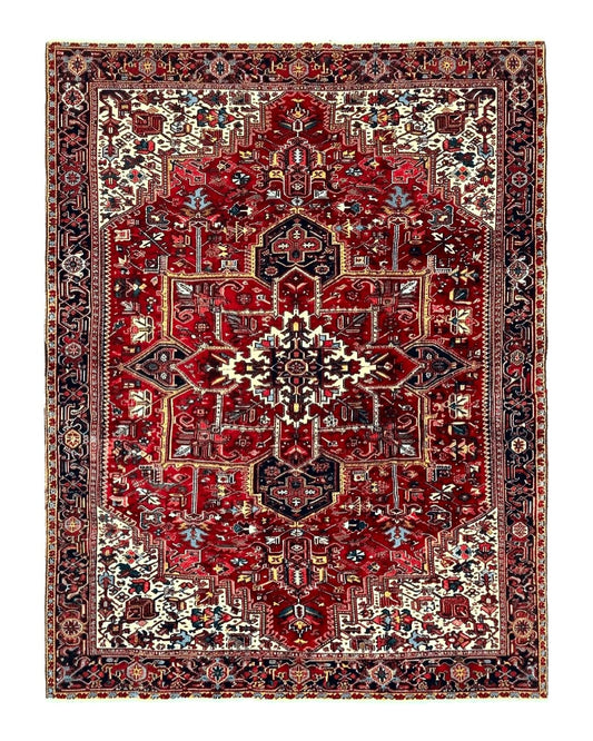 Persian Heriz Rug 10x13, Wool Hand Knotted Vintage Carpet, Geometric Medallion Tribal Oriental Rug, Red & Ivory, 10 x 13 Large Sized Rug