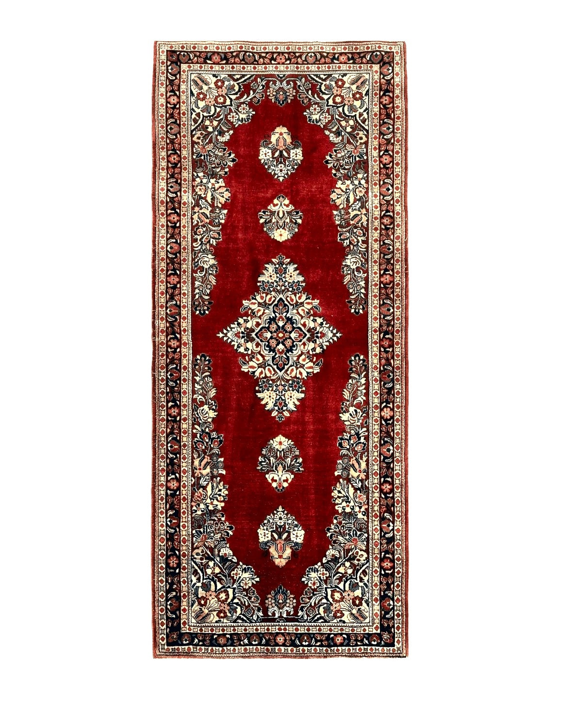 Handmade Persian Sarouk runner rug, 2.7x6 ft, red wool Oriental carpet with semi-open field, vintage semi-antique style.