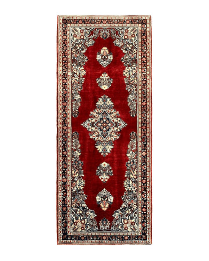 Handmade Persian Sarouk runner rug, 2.7x6 ft, red wool Oriental carpet with semi-open field, vintage semi-antique style.