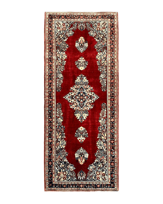 Handmade Persian Sarouk runner rug, 2.7x6 ft, red wool Oriental carpet with semi-open field, vintage semi-antique style.