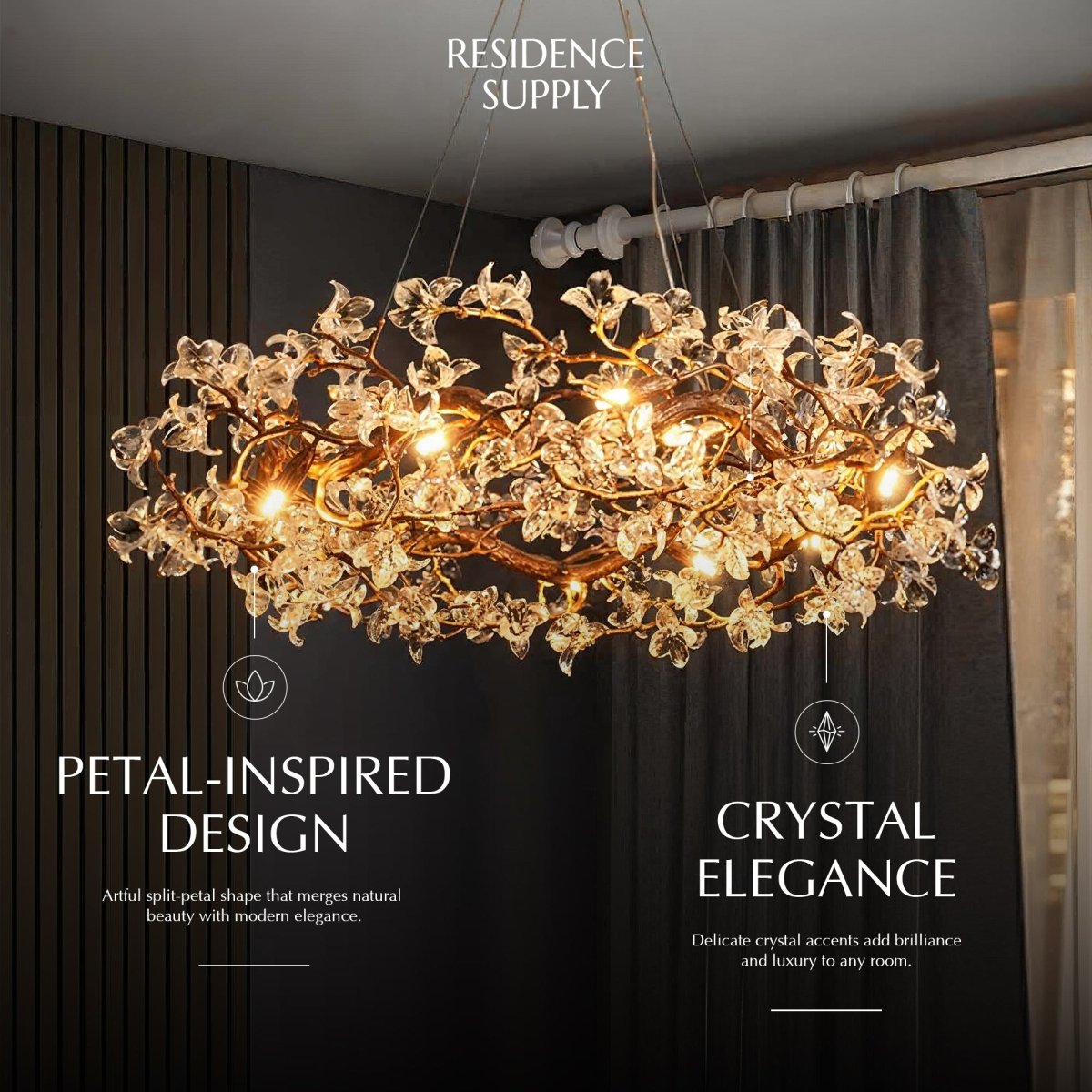 Petala Crystal Round Chandelier by Residence Supply with sparkling crystals and elegant round design, illuminating a room.