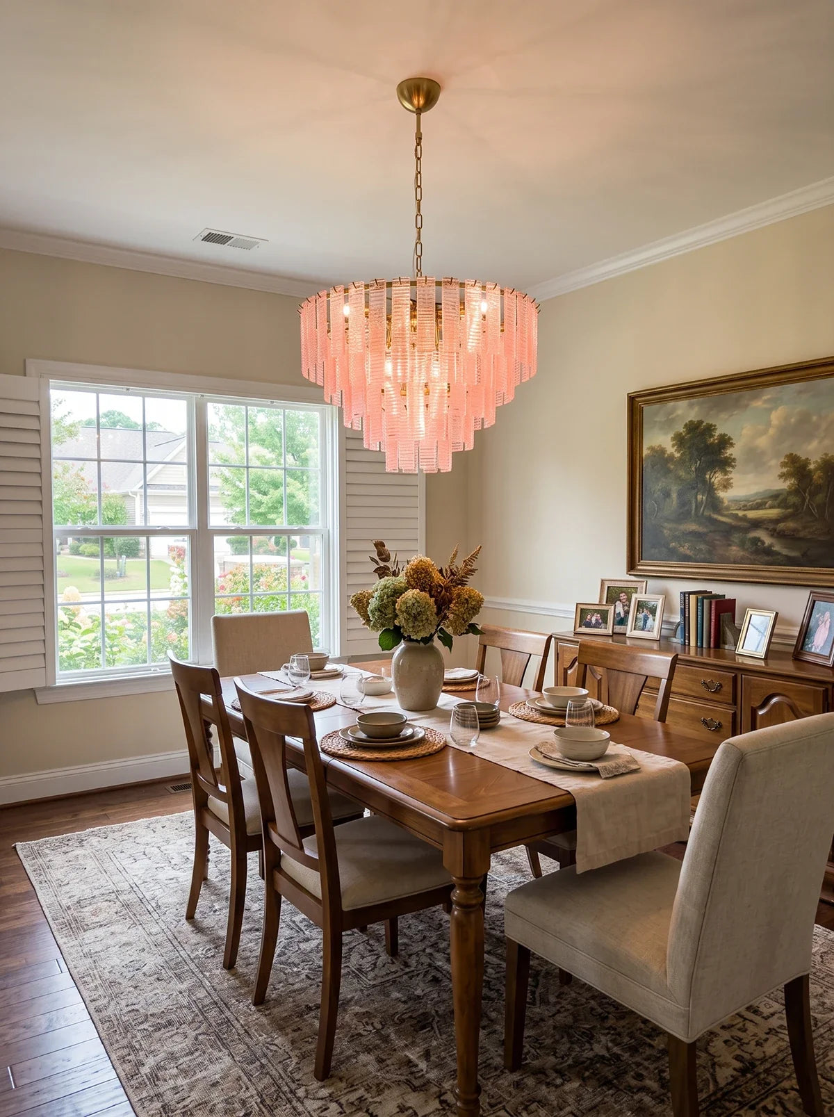 Pink Ridged Glass Rectangle Chandelier