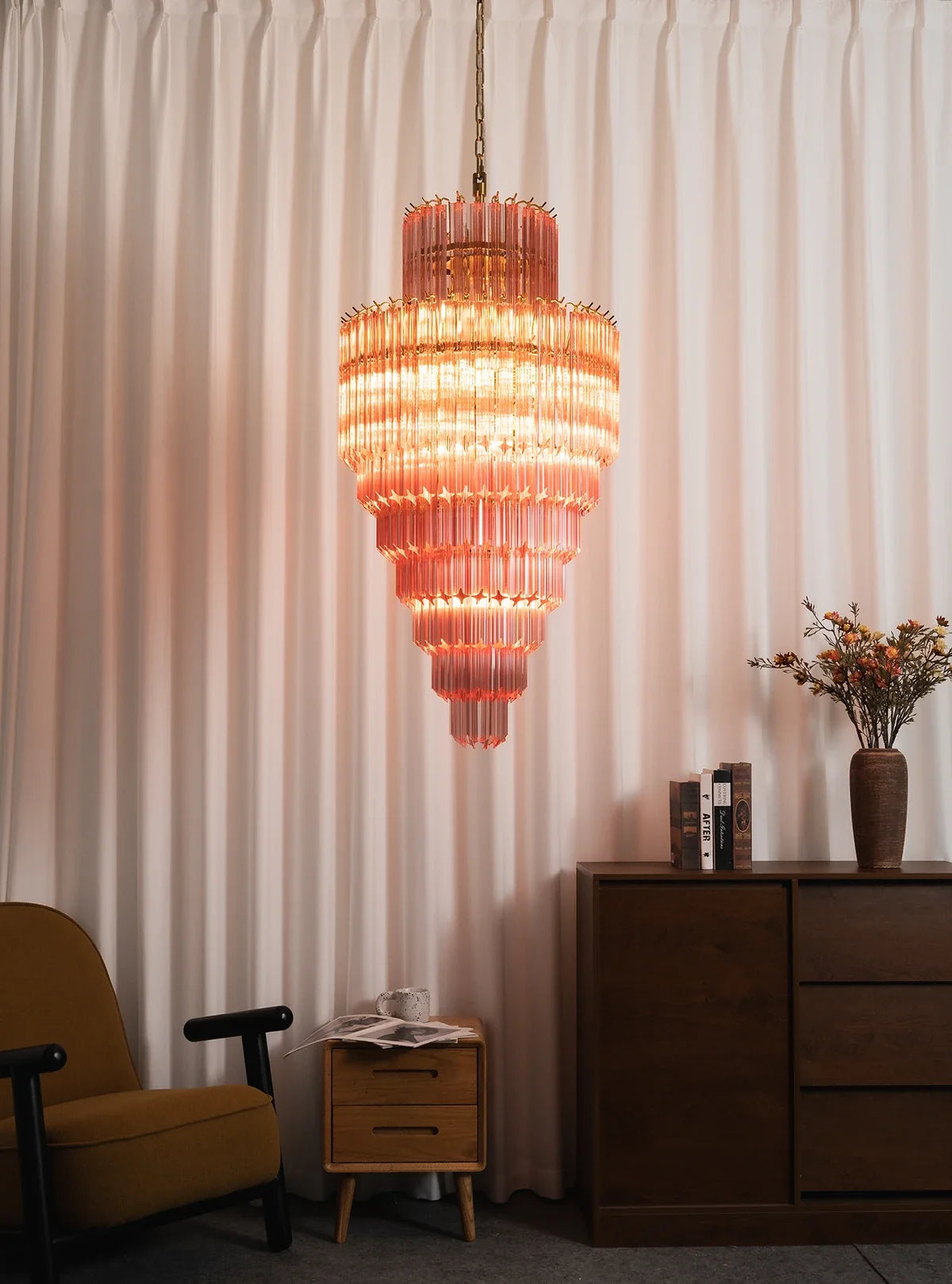 Pink Tiered Fluted Glass Waterfall Chandelier