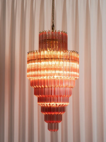 Pink Tiered Fluted Glass Waterfall Chandelier