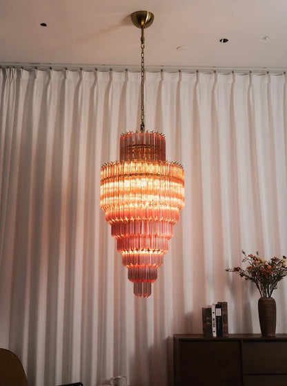 Pink Tiered Fluted Glass Waterfall Chandelier
