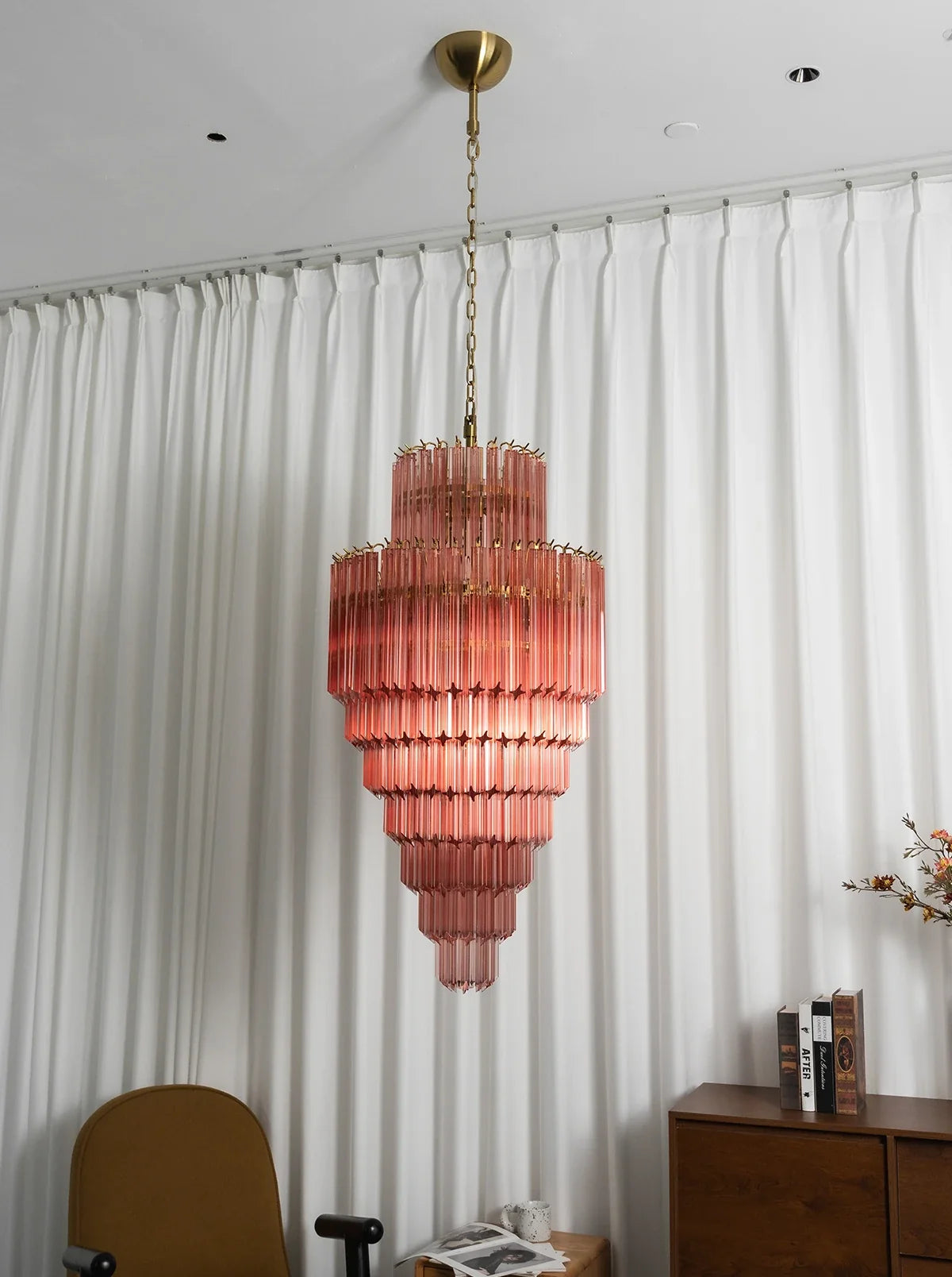 Pink Tiered Fluted Glass Waterfall Chandelier