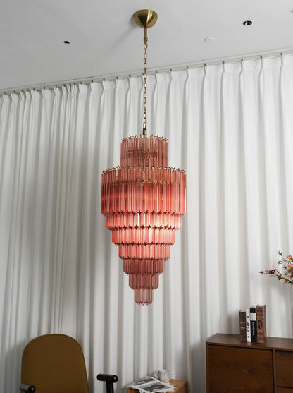 Pink Tiered Fluted Glass Waterfall Chandelier