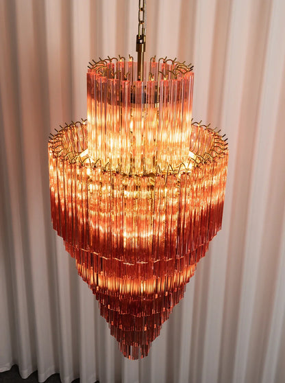 Pink Tiered Fluted Glass Waterfall Chandelier